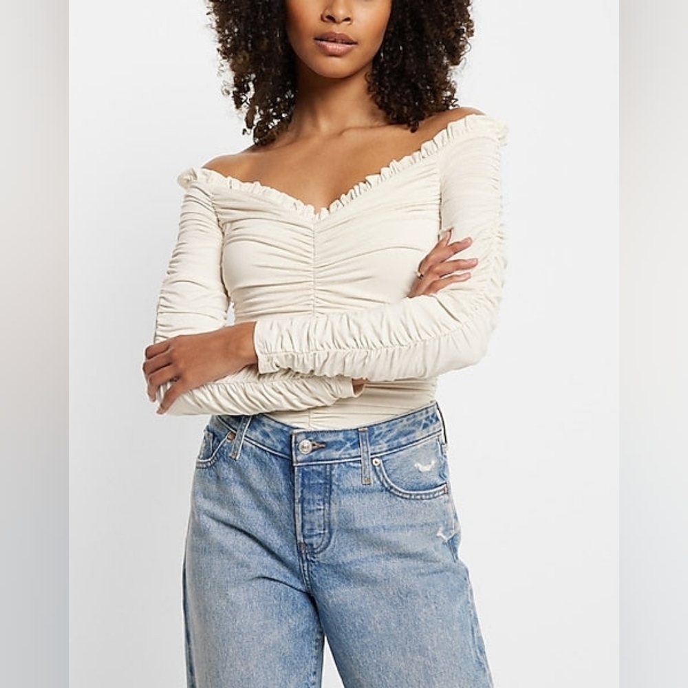 Express Off-Shoulder Ruched Cream Blouse NWT